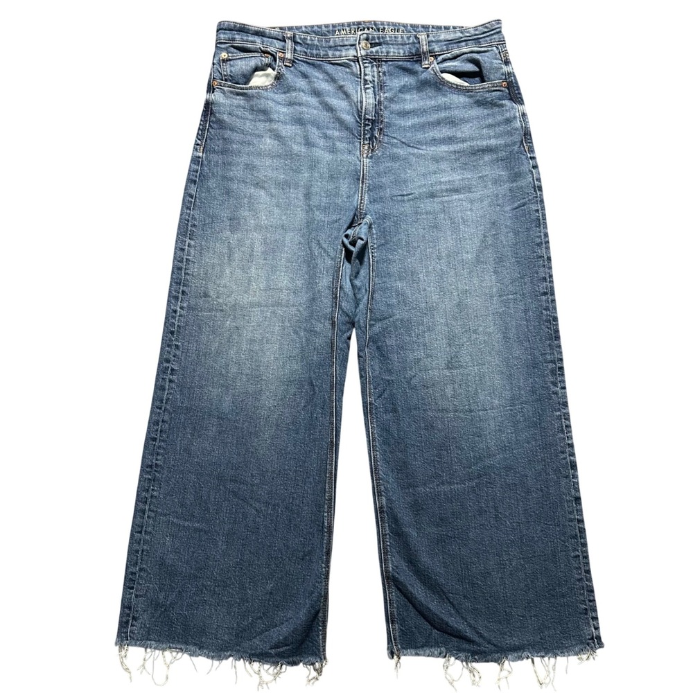 American Eagle Baggy Wide Leg Jeans Womens 16 Short Blue Super High Rise Raw Hem